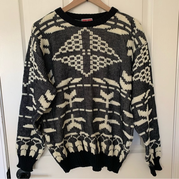 Vintage Sweater Bonjour Geometric Cosby Grandpa Cabincore 80s Fisherman - Picture 1 of 4